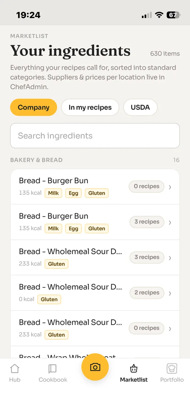 ChefAdmin app marketlist: every ingredient your recipes call for, sorted into standard categories