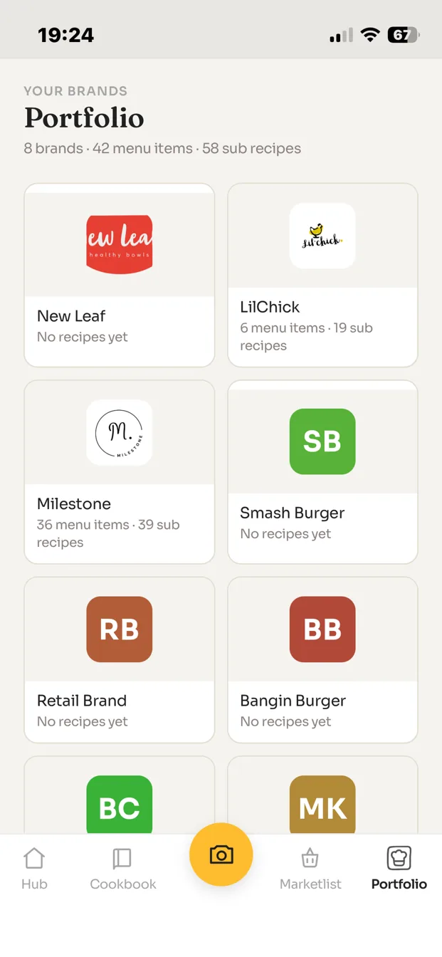 ChefAdmin app portfolio: brands with logos and recipe counts