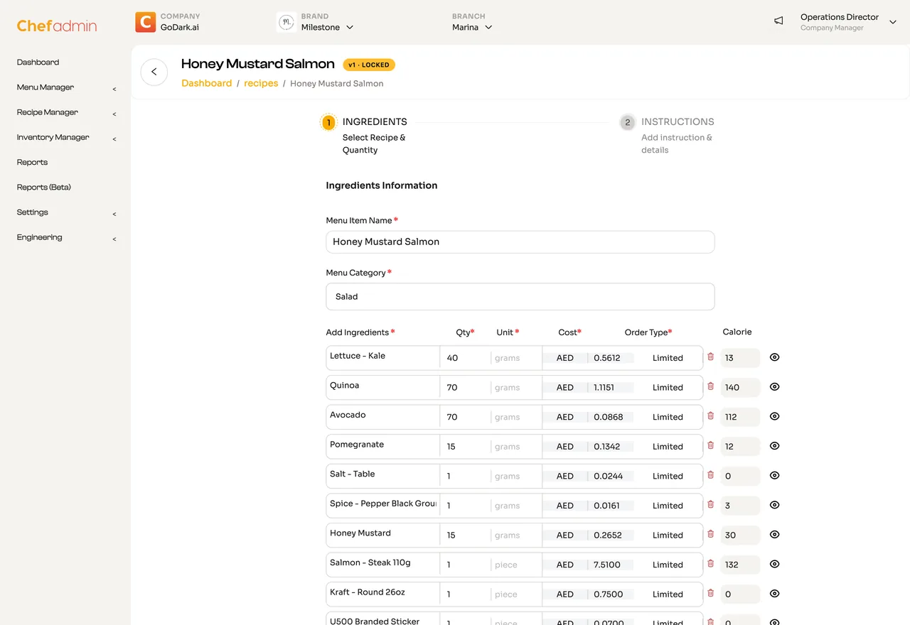 ChefAdmin recipe detail — version-locked, costed ingredients